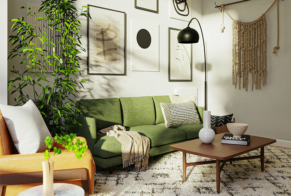 Living room with colorful furniture and eclectic decor.