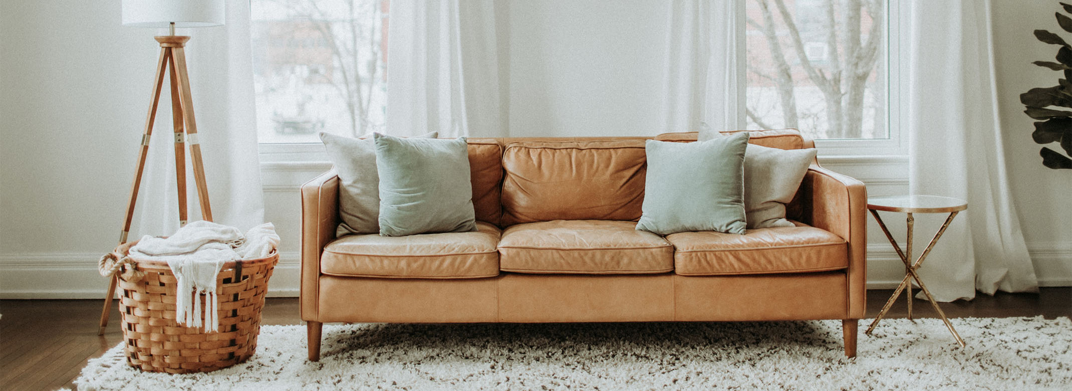 Living room with plush rug, leather couch, and large windows.