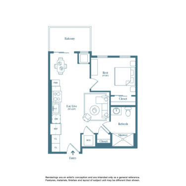 Rendering of the Cherryvale floor plan with a Studio bedroom and 1 bathroom[s] at Weathervane