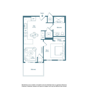 Rendering of the Wonderland floor plan with a Studio bedroom and 1 bathroom[s] at Weathervane