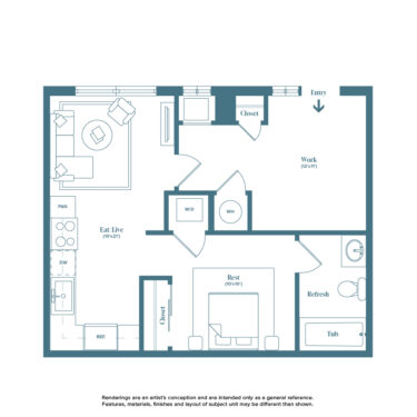Rendering of the Manitou floor plan with 1 bedroom[s] and 1 bathroom[s] at Weathervane