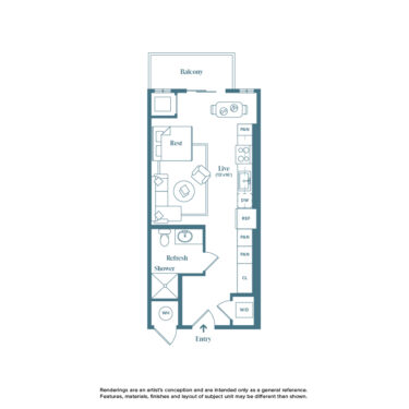 Rendering of the Betasso floor plan with a Studio bedroom and 1 bathroom[s] at Weathervane