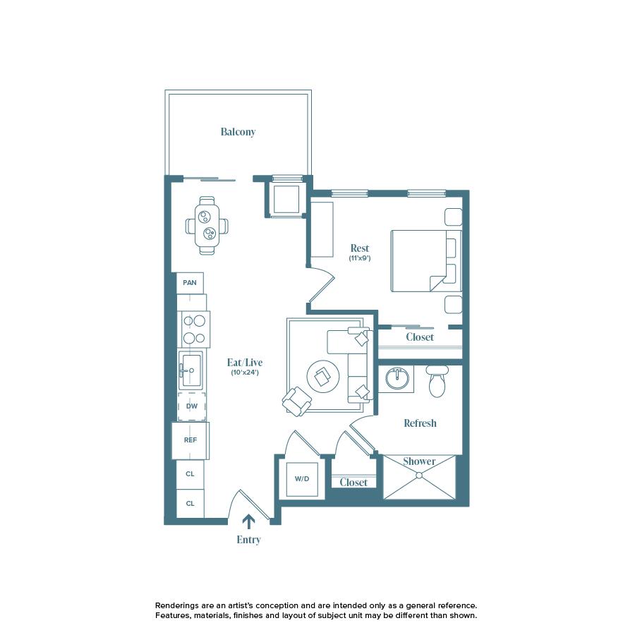 Rendering of the Cherryvale floor plan with a Studio bedroom and 1 bathroom[s] at Weathervane
