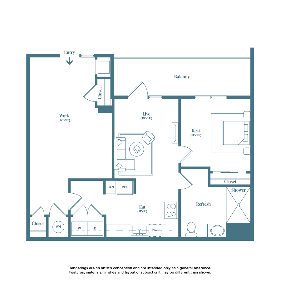 Rendering of the Marshall floor plan with 1 bedroom[s] and 1 bathroom[s] at Weathervane