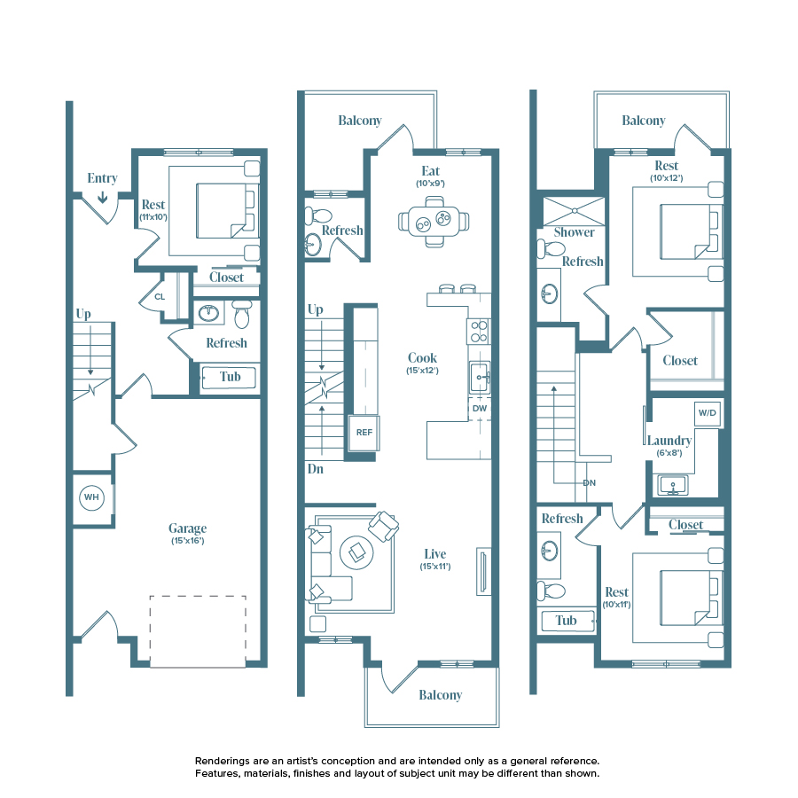 Rendering of the Panorama floor plan with 3 bedroom[s] and 3.5 bathroom[s] at Weathervane
