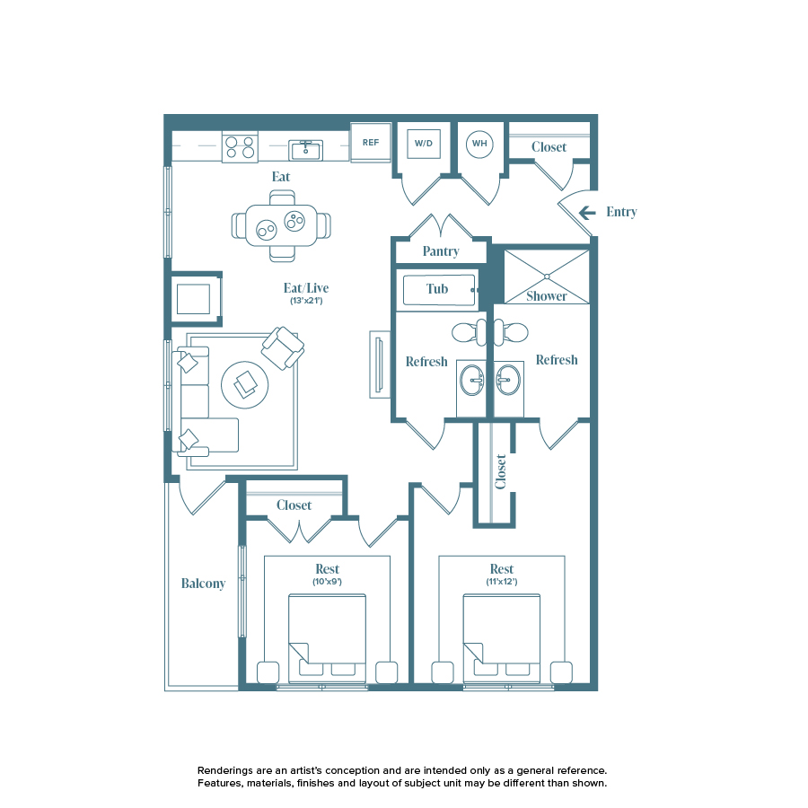 Rendering of the Doudy floor plan with 2 bedroom[s] and 2 bathroom[s] at Weathervane