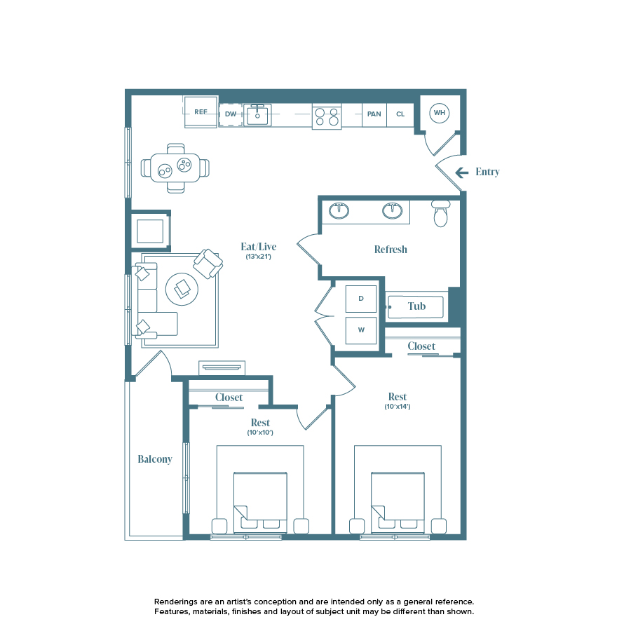 Rendering of the Yampa floor plan with 2 bedroom[s] and 2 bathroom[s] at Weathervane