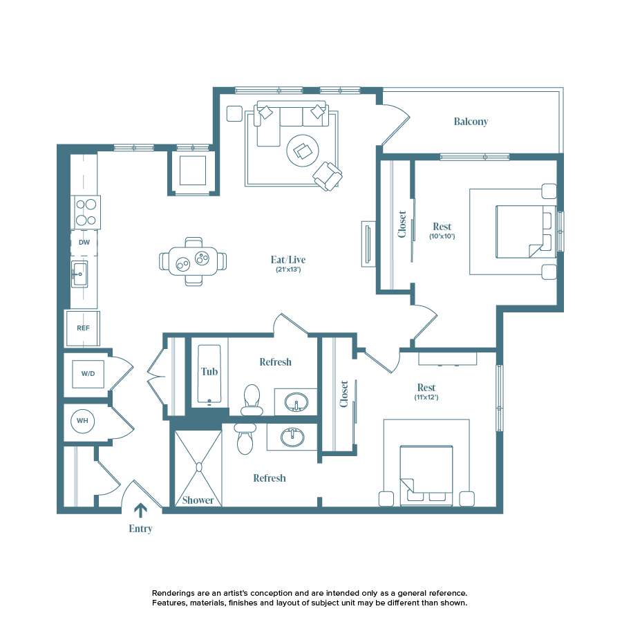 Rendering of the Rio Grande floor plan with 2 bedroom[s] and 2 bathroom[s] at Weathervane