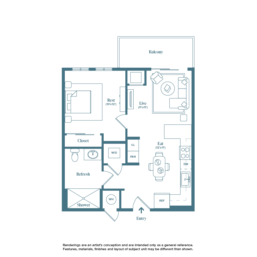 Rendering of the Valmont floor plan with 1 bedroom[s] and 1 bathroom[s] at Weathervane