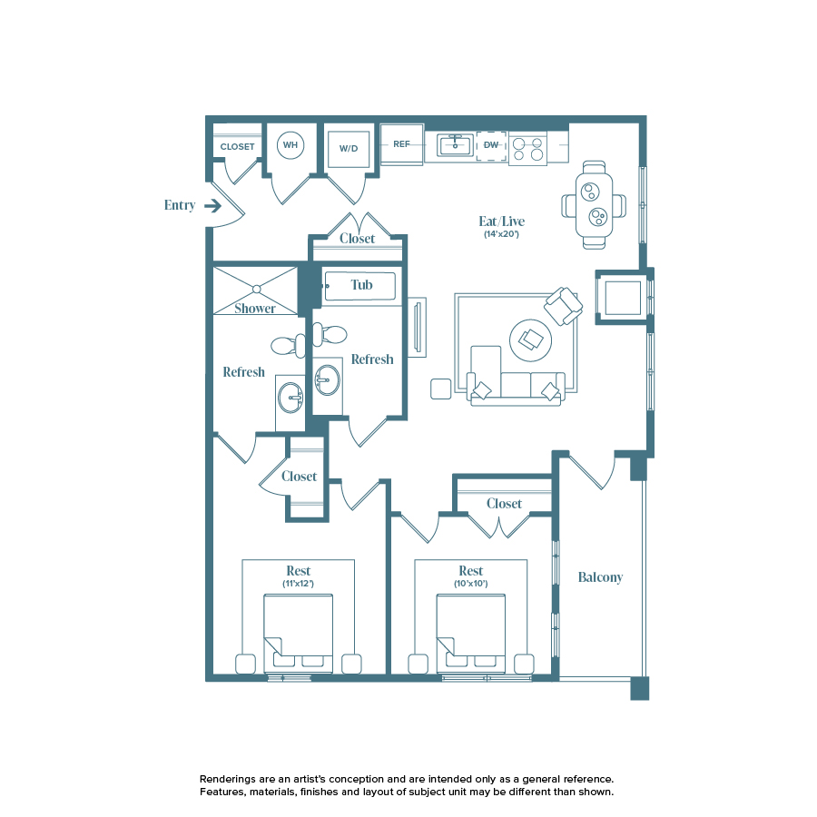 Rendering of the Greenbriar floor plan with 2 bedroom[s] and 2 bathroom[s] at Weathervane