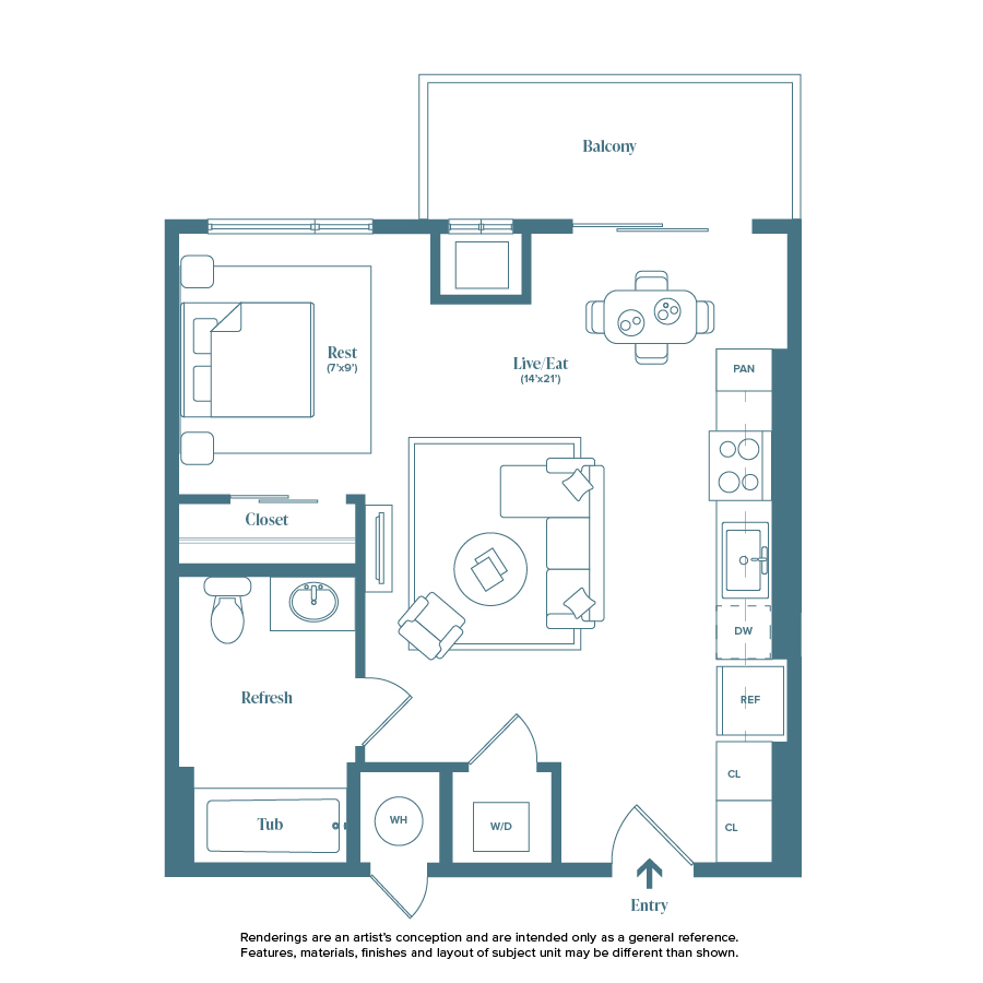 Rendering of the Animas floor plan with a Studio bedroom and 1 bathroom[s] at Weathervane
