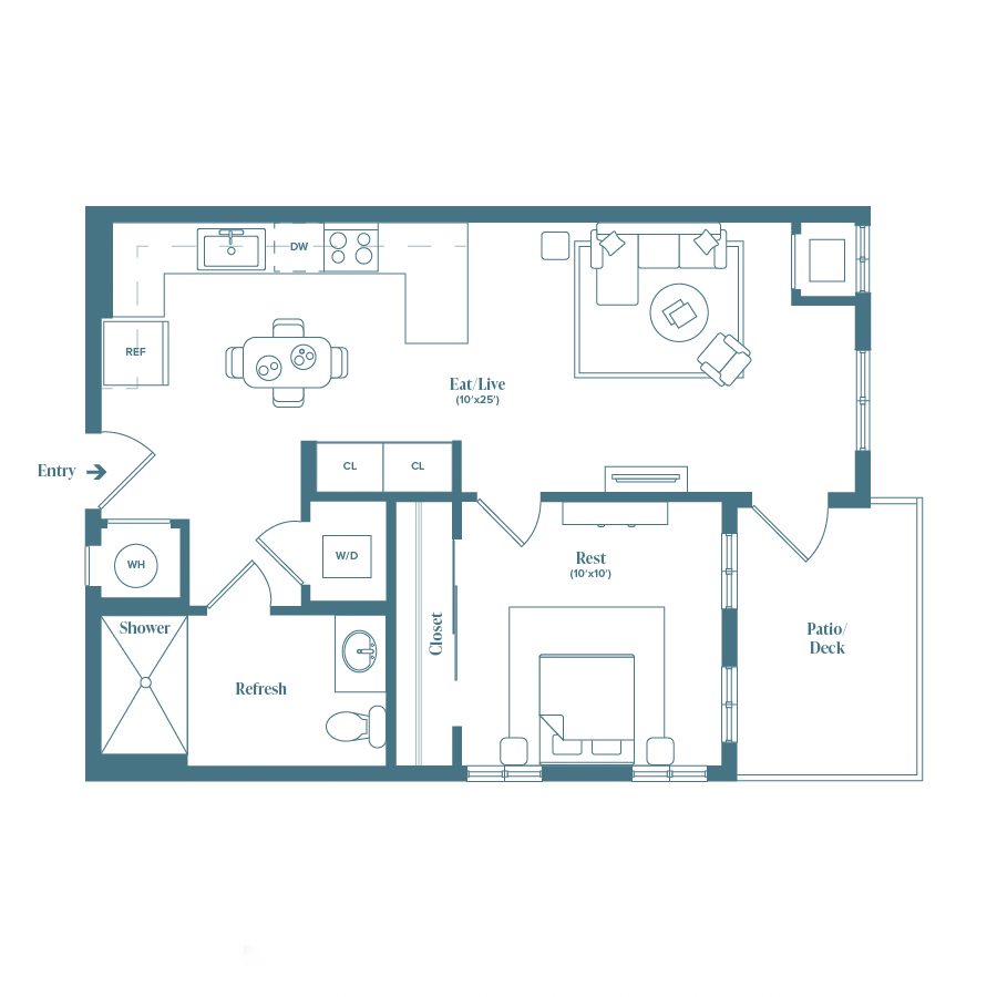 Rendering of the Walker floor plan with 1 bedroom[s] and 1 bathroom[s] at Weathervane