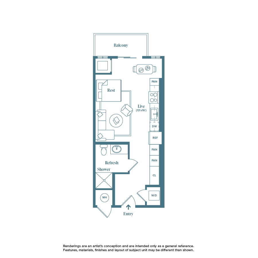 Rendering of the Betasso floor plan with a Studio bedroom and 1 bathroom[s] at Weathervane